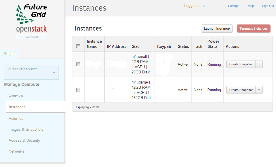 Instances page of the OpenStack installation on Alamo