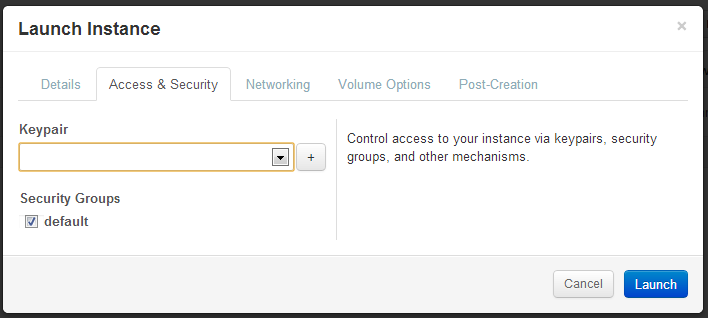 Access and Security tab when launching instances with OpenStack on Alamo