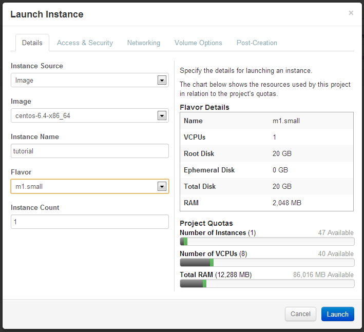 Details tab when launching an instance with OpenStack on Alamo