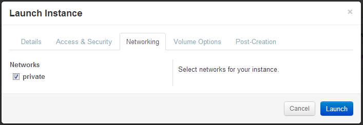 Networking tab when launching an instance with OpenStack on Alamo