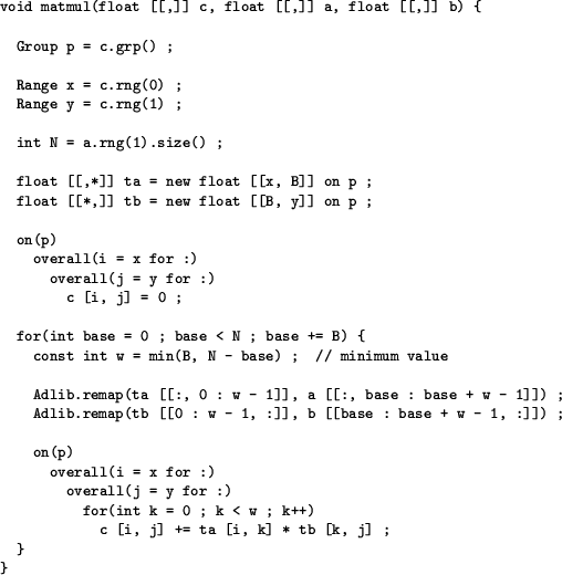 \begin{figure}
\small\begin{verbatim}void matmul(float [[,]] c, float [[,]] a...
...
c [i, j] += ta [i, k] * tb [k, j] ;
}
}\end{verbatim}\normalsize\end{figure}